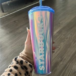 Holographic blue Starbucks cup with dome lid